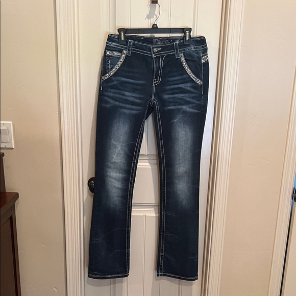 Miss Me Dark Blue Boot Cut Jeans with Embellished Pockets - Picture 5 of 7